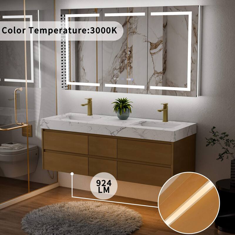 Modland 60" Floating Bathroom Vanity, Modern Maple Wood Wall Mounted Vanity with Marble Countertop,6 Soft-Close Drawers