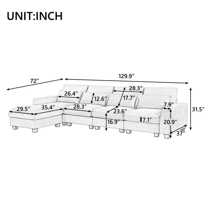 Modern L-shaped feather-filled sectional sofa with reversible chaise longue
