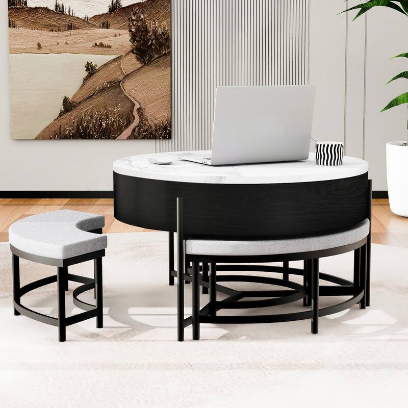 31.50" Elegant Round Lift-Top Coffee Table Set with Hidden Storage & 3 Nesting Ottomans, Modern Living Room Center Table