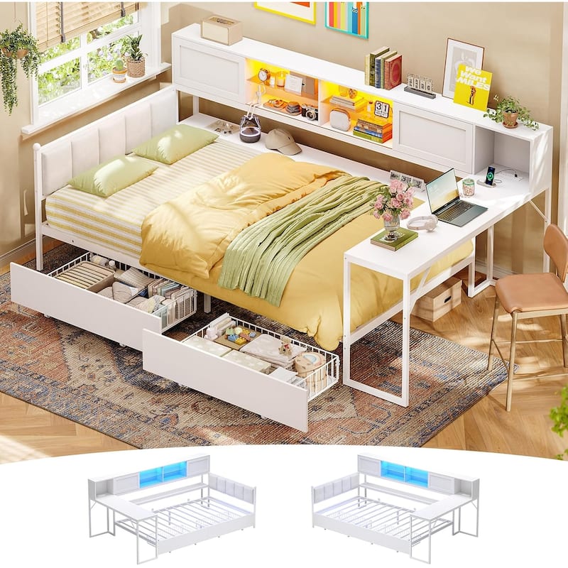 Loft Bed L Shaped Desk Daybed Power Outlet LED Light Drawers Shelves - Whitedesk