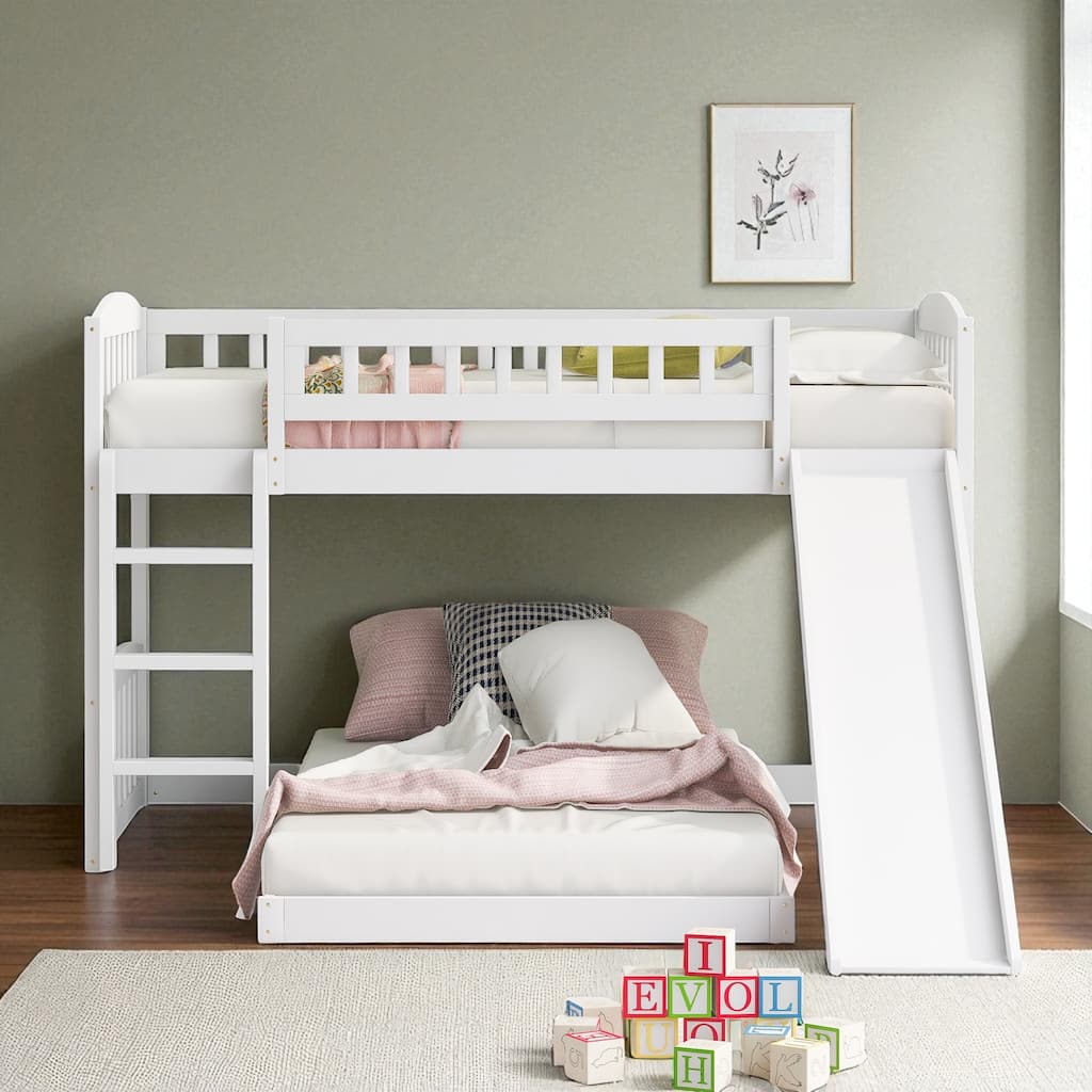 Twin Over Twin Bunk Bed with Slide and Ladder, Solid Wood Frame with Guardrails for Kids Bedroom
