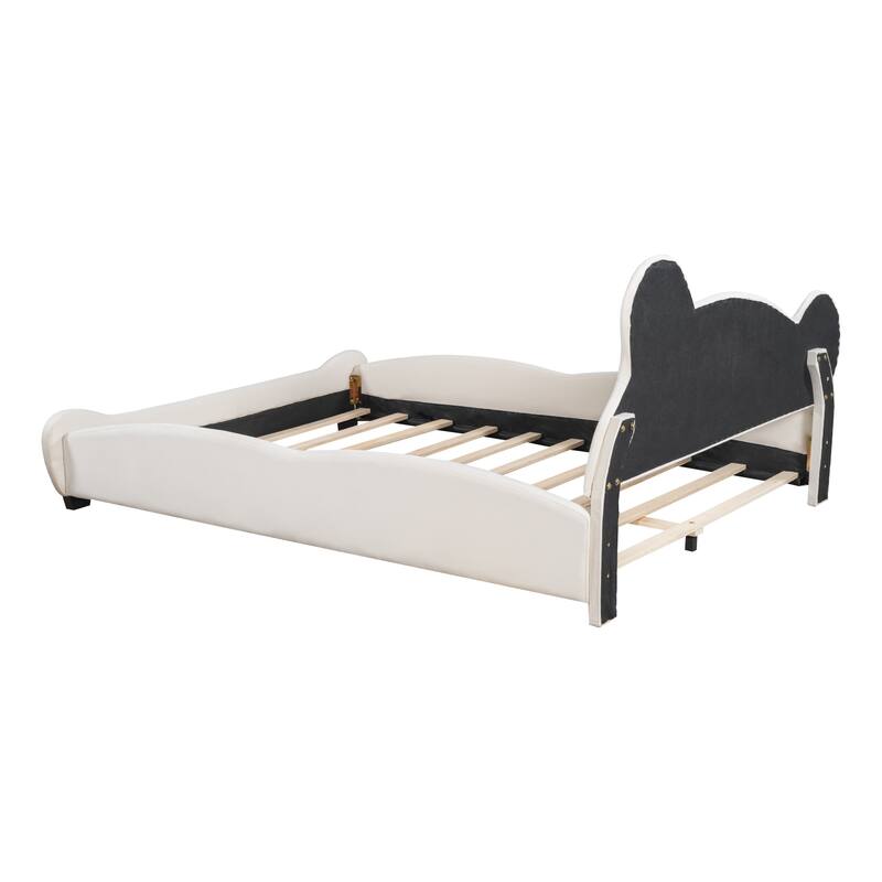 Cute Bear Design Twin Platform Bed, Velvet Upholstery with Storage