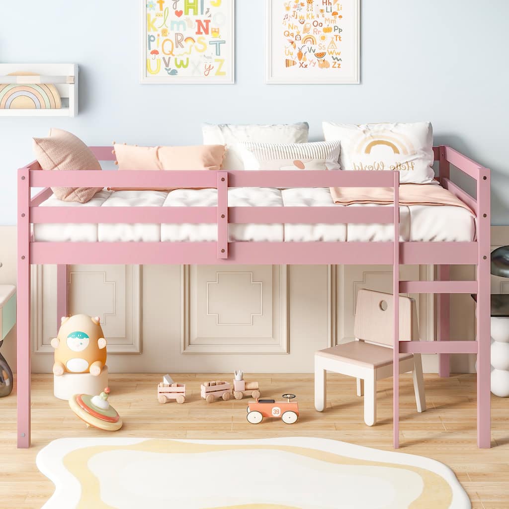 Solid Wooden, Rubber Wooden Twin Loft Bed with Ladder, Bed Platform of Strengthened Slats, Pink