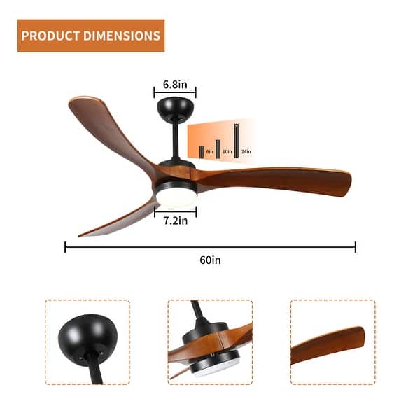 dimension image slide 6 of 14, Sofucor 48/52/56/60 Inch Solid Wood Ceiling Fan with Light and Remote, Reverse Functions, Integrated Light Optional