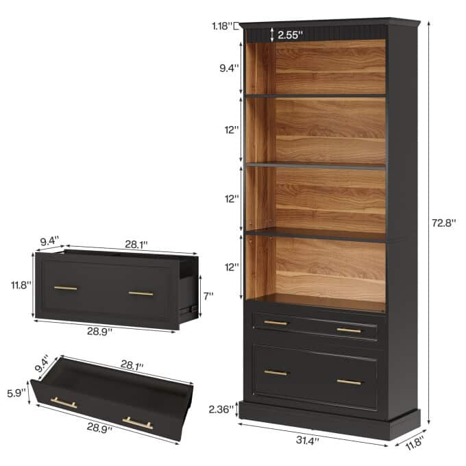 5-tier Modern Bookshelf Tall Bookcase with 2 Drawers (Set of 2) - 31.5" W x 11.8" D x 72.8" H
