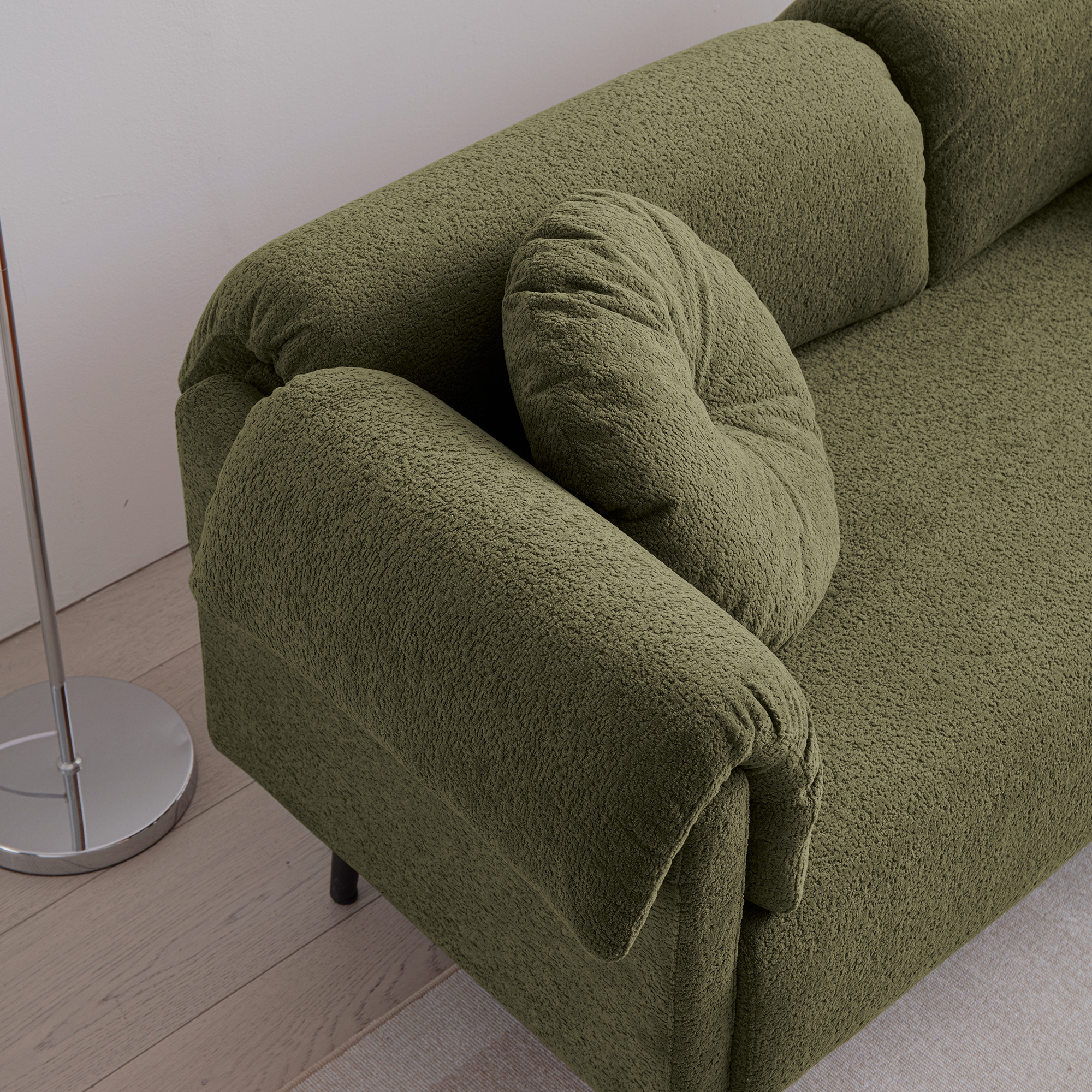 68.5 Elegant Minimalist Small Lamb Wool Sofa With Decorative Throw Pillows Sturdy Construction Green