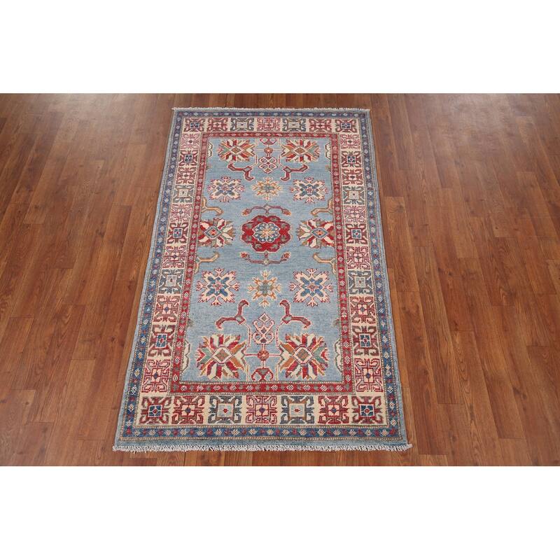 Light Blue Geometric Kazak Accent Rug Hand-Knotted Wool Carpet - 2'11" x 4'11"