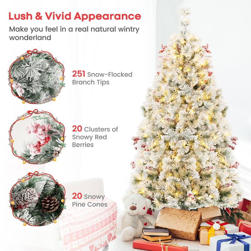 Gymax 4.5 FT Pre-Lit Artificial Christmas Tree Snow-Flocked Hinged