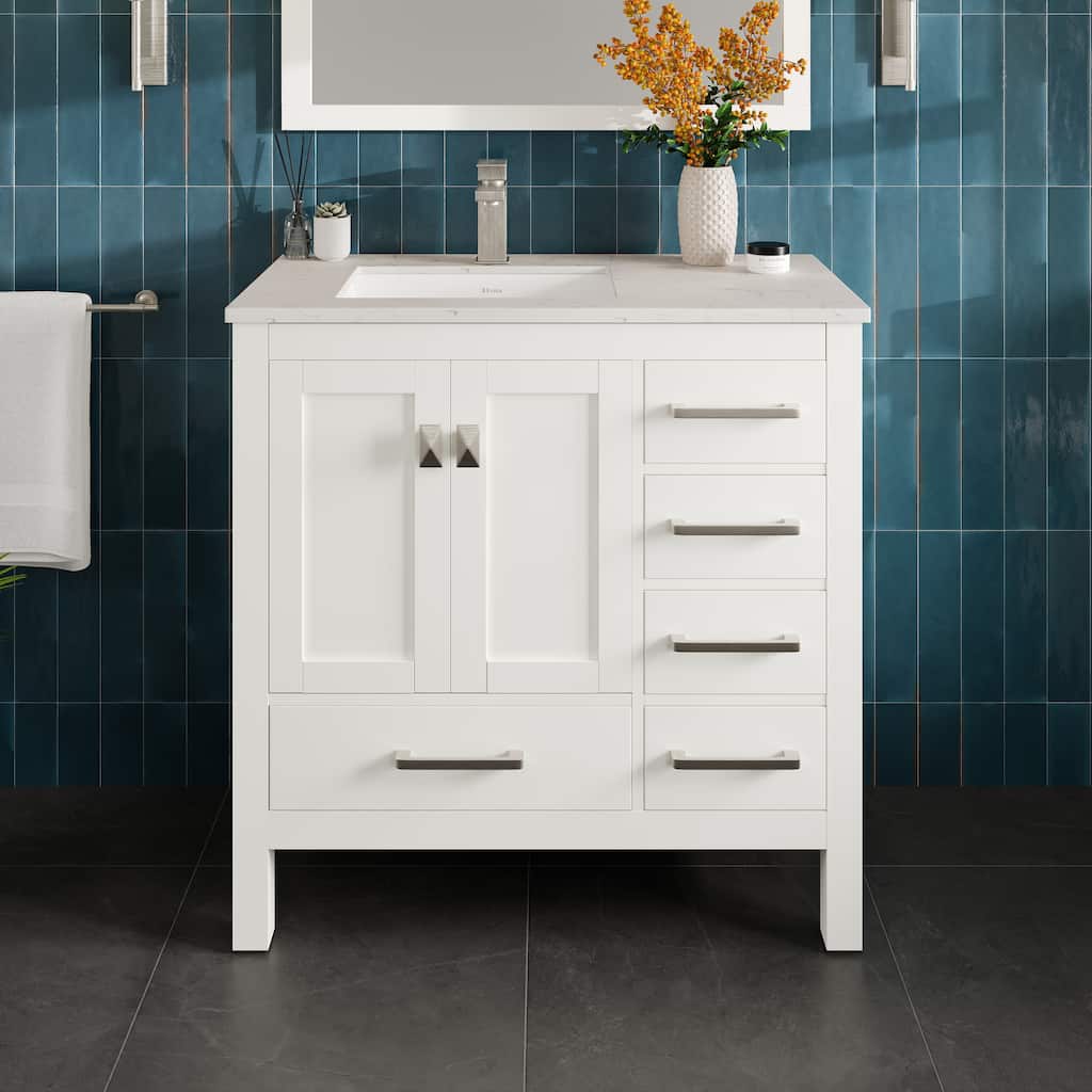 Eviva London 38"W x 18"D Bathroom Vanity with Carrara Quartz Countertop and Undermount Porcelain Sink - 38"