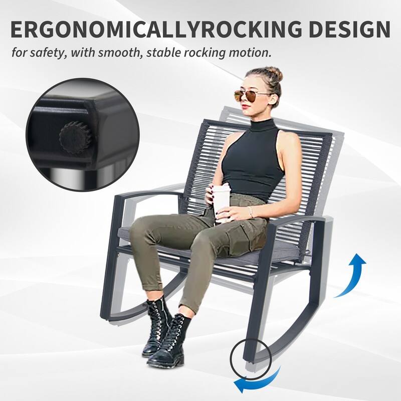 Domi Outdoor 3-Piece Wicker Rocking Chair Set, Patio Conversation Set with Removable Textilene Cushions & Metal Coffee Table