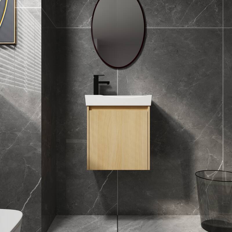 20" Wall-Mounted Bathroom Vanity with Ceramic Sink, Storage Cabinet with Door, Engineered Wood Base - 19.69 in W Engineered Wood - Oak