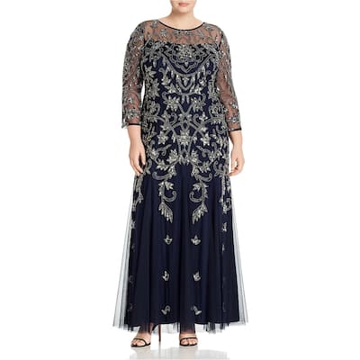 Adrianna Papell Womens Embellished Illusion Gown Dress, Blue, 18W