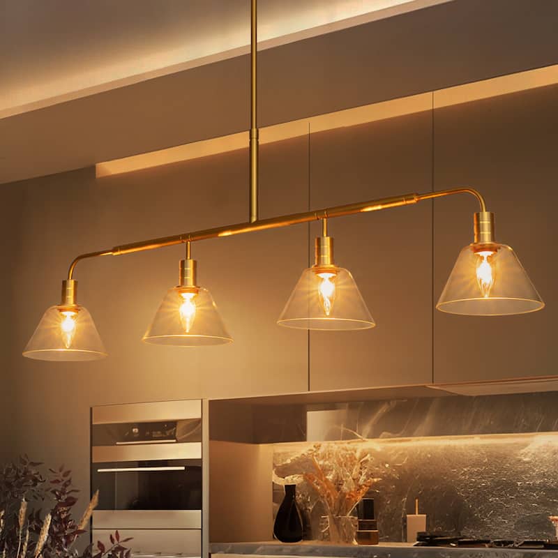 4-Light Vintage Brass and Clear Glass Linear Pendant for Dining Room - 4 Light