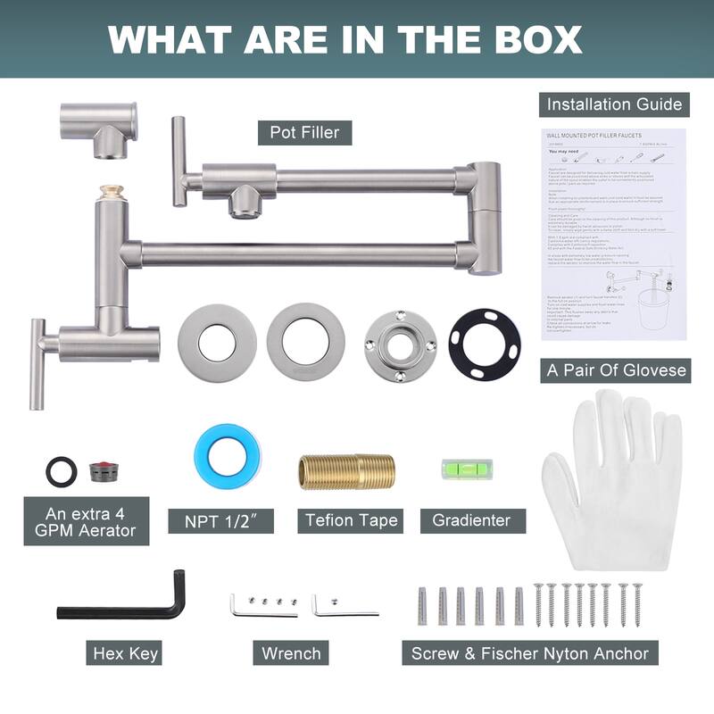 WOWOW Wall Mounted Pot Filler with Control Double Joint Swing Arm