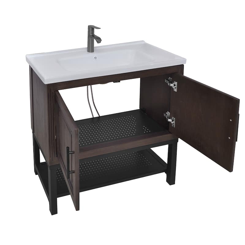 36" Bathroom Vanity with White Ceramic Sink & Hot and Cold Faucet