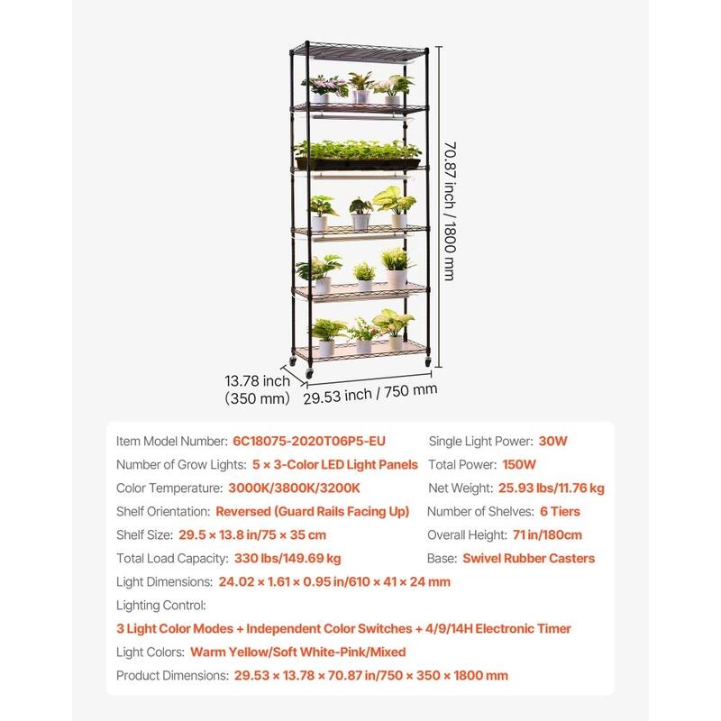 Black Metal 6-Tier Indoor Plant Stand with 5 3-Color LED Grow Lights and Timer - 29.53 x 13.78 x 70.87 in