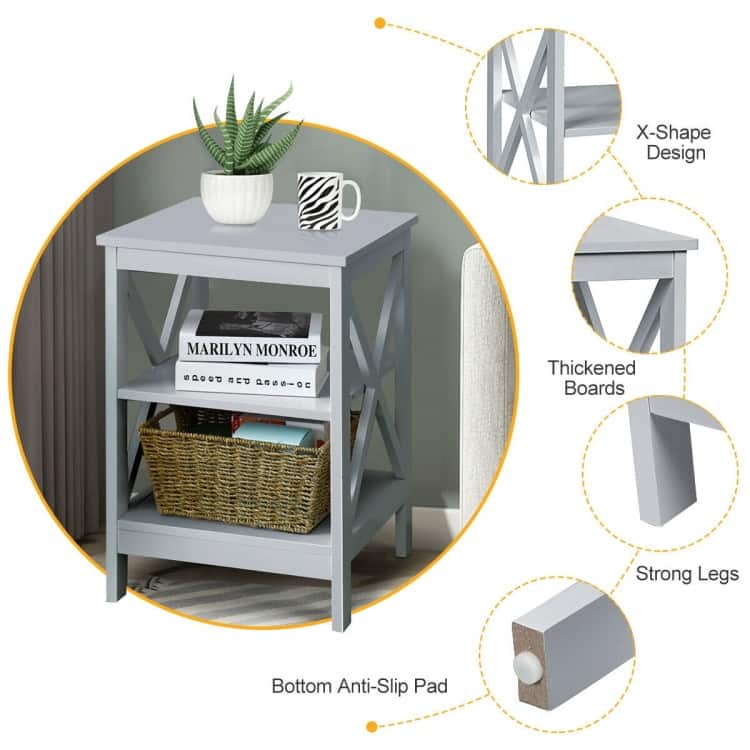 3-Tier Nightstand End Table with X Design Storage - 16" x 16" x 24" (L x W x H)