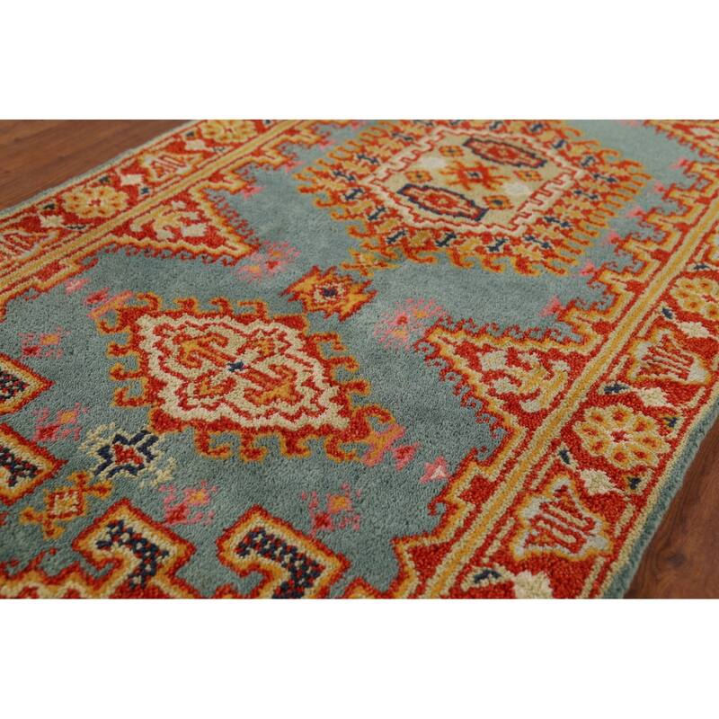 Geometric Viss Indian Runner Rug Handmade Wool Carpet - 2'7"x 11'9"