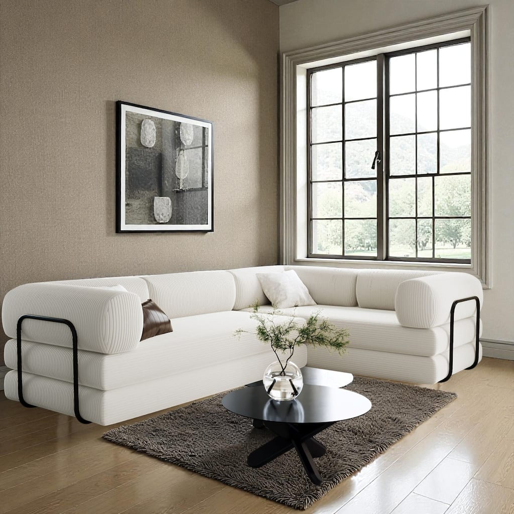 115" L-Shaped Modular Corduroy Sofa Bed with Adjustable Cushions, Modern Sleeper Couch for Living Room & Apartment