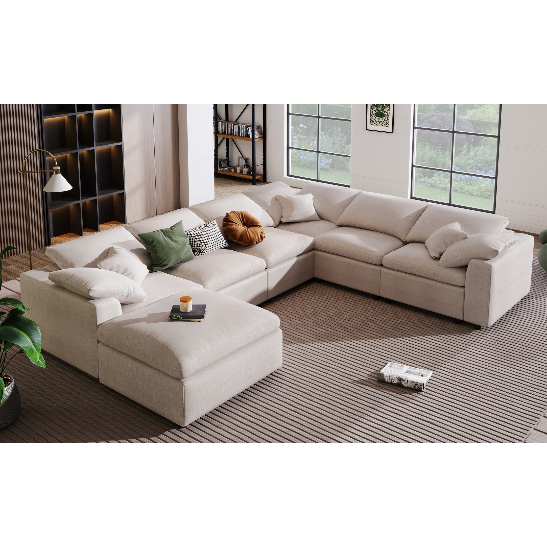 Beige L-Shape Sectional Sofa Living Room Corner Sofa with Ottoman