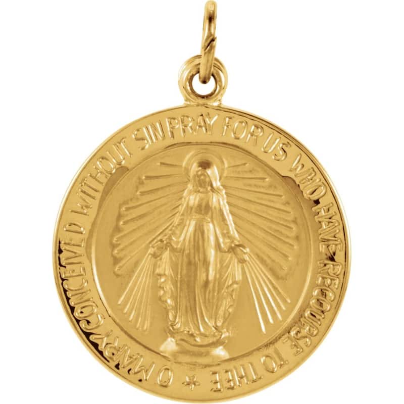 Curata 14k Yellow Gold 18mm Polished Round Miraculous Medal Necklace, 16"