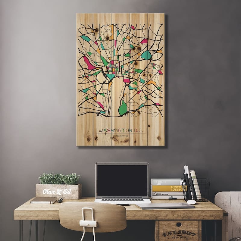 Washington D.C., Usa Map Print On Wood by Ayse Deniz Akerman - Multi-Color