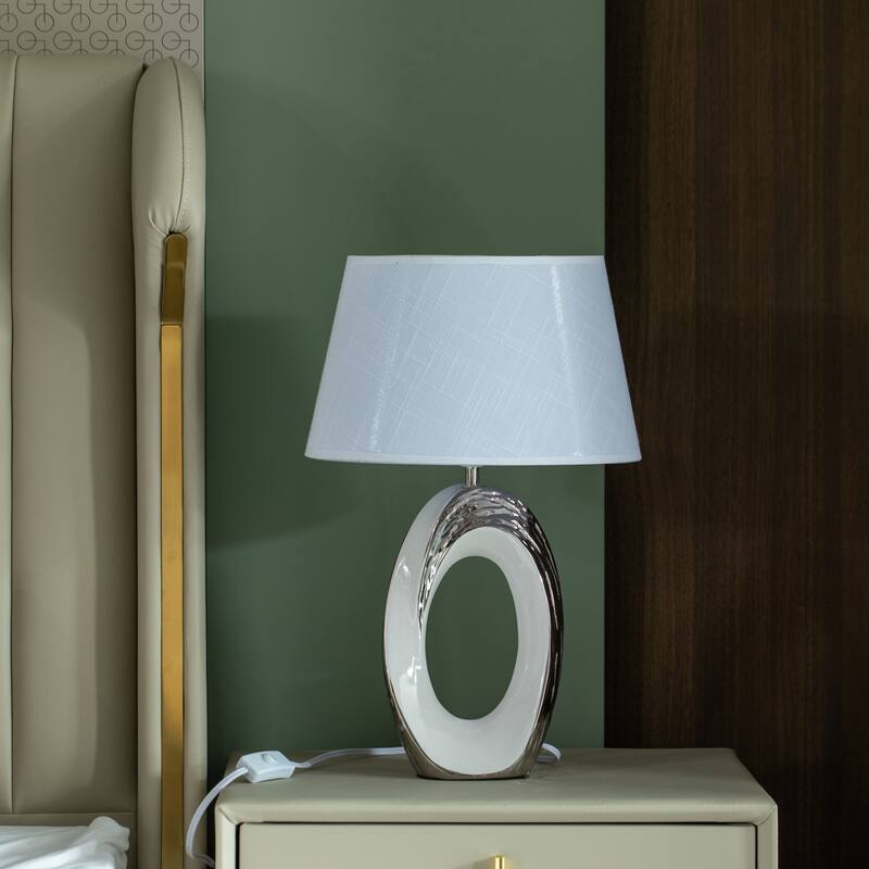 19" Decorative Ceramic Table Lamp, with Silver and White Oval Stand and White Cotton Lampshade