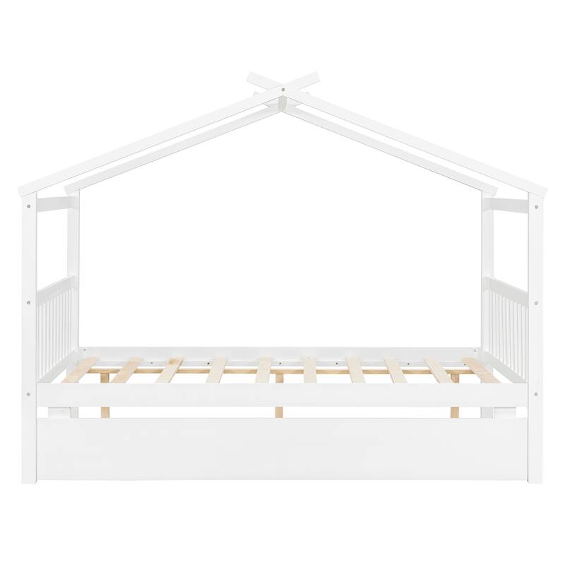 Creativity House Bed Twin/ Full Size Frame with Trundle for Boys Girls, Wood Platform Bed with Roof No Box Spring Needed