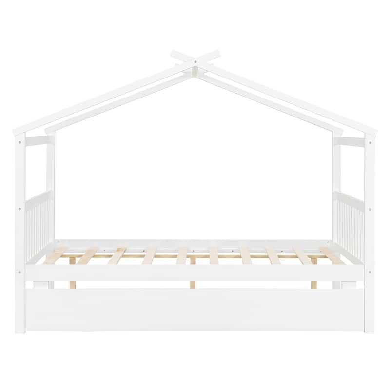 Kids Full Size House Bed with Pull-Out Trundle and Headboards Durable Pine Construction