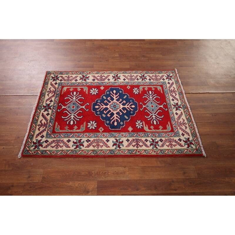 Red Geometric Kazak Accent Rug Handmade Wool Carpet - 2'9" x 4'1"