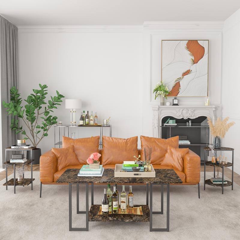 3 Pieces Faux Marble Coffee Table Set with 1 Coffee Table and 2 End Tables, Modern Sofa Side Table with Shelf, Cocktail Table