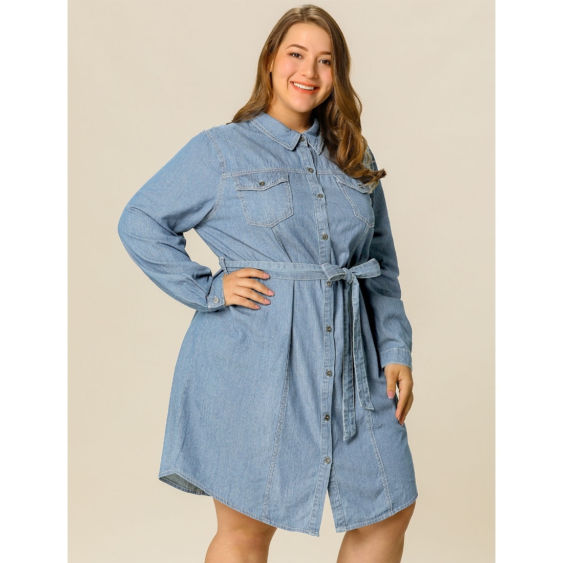 Women S Plus Size Jean Dresses Long Sleeves Above Knee Button Down Denim Shirt Dress Overstock