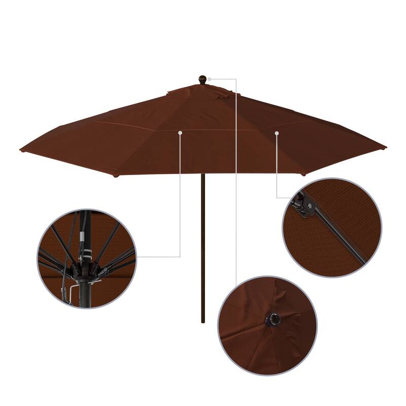 California Umbrella 11' Venture Series Patio Umbrella, Bronze Aluminum Pole Fiberglass Ribs Pulley Lift, Olefin Royal Blue