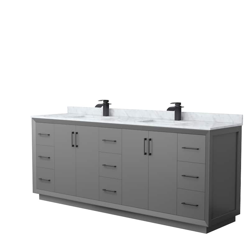 Strada 84-Inch Double Vanity Set, Carrara Marble Top - Dark Gray, Black Trim, Carrara Marble Top
