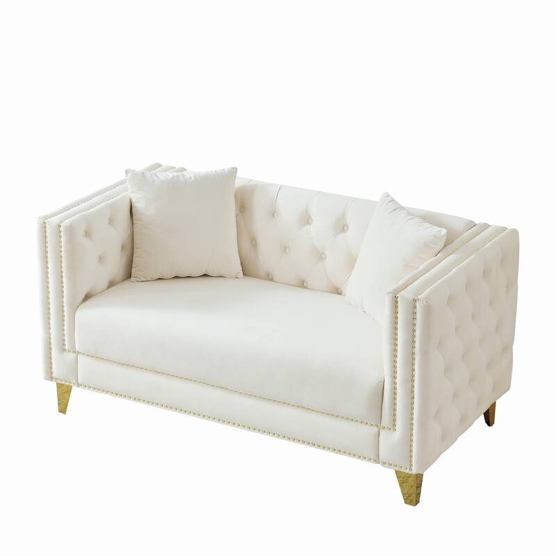 Roomfitters 58" Modern Tuxedo Loveseat with Buttoned Back and Gold Legs, Upholstered Couch with Double Nailhead Trim