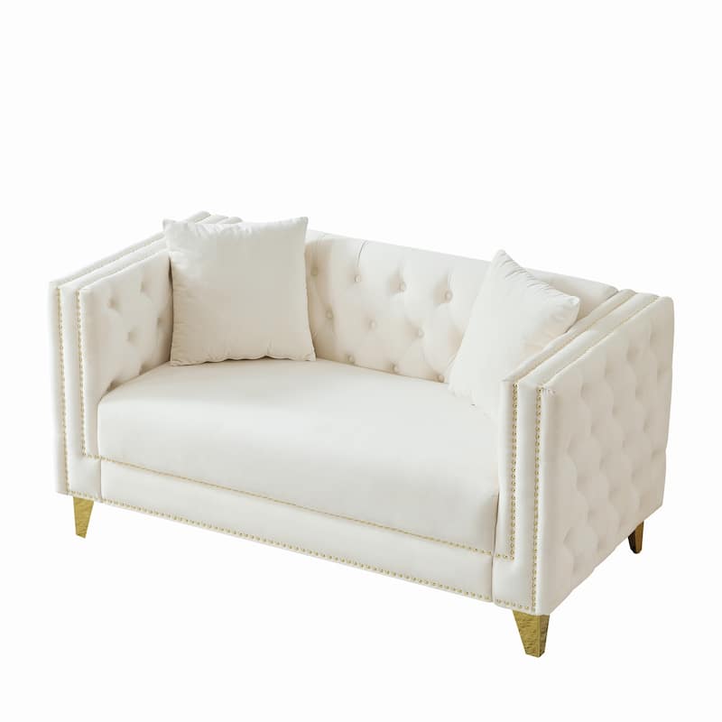 Velvet Upholstered Loveseat, Button Tufted 2 Seater Deep Seat Couche, Lounge Sofa with Nailhead Trims & Square Arms