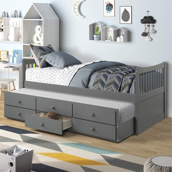 Twin Daybed with Trundle and 3 Storage Drawers Platform Bed Frame