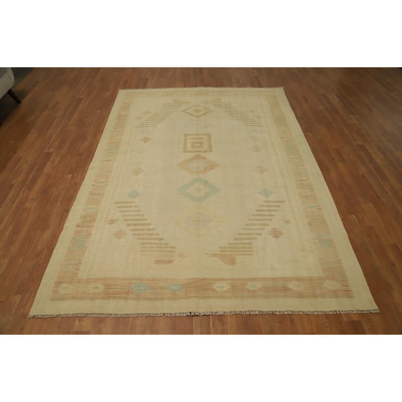 Hand Woven Oriental 100% Wool Carpet Southwestern Tribal Beige & Ivories Kilim Area Rug - 8' 5'' X 5' 11''