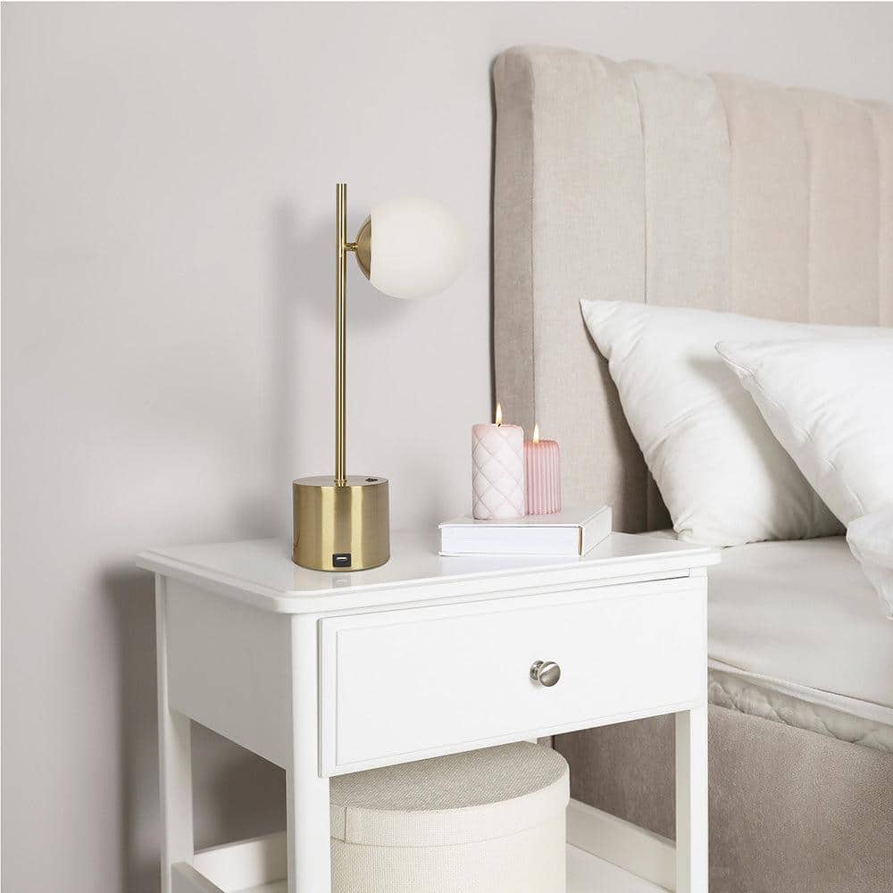 Modern Small Brass Metal Table Lamp, Desk Lamp Fixture with White Glass Globe Shade