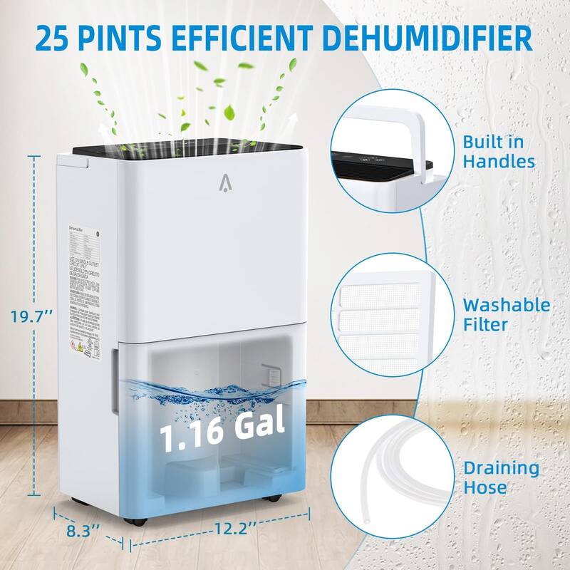 25 Pints Portable Dehumidifier for Basement up to 1,500 Sq.Ft