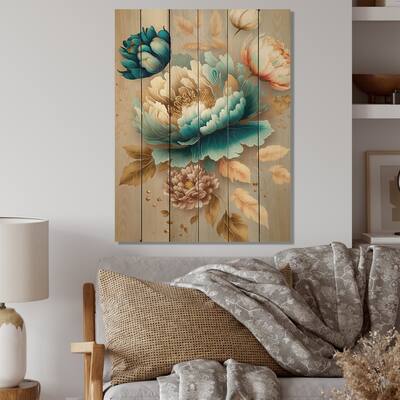 Designart 'Multi-Color Blooming Flowers I' Floral Wood Wall Art - Natural Pine Wood