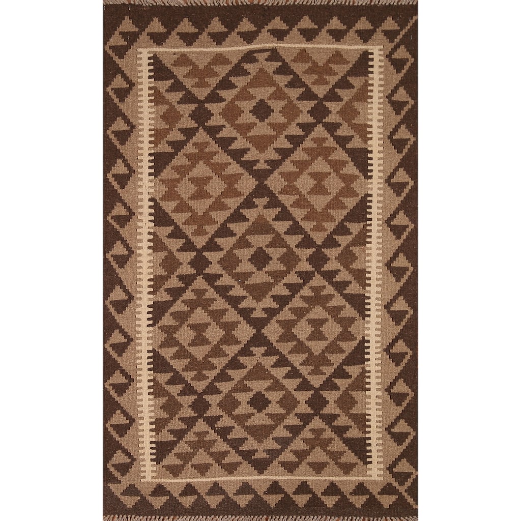 Flat-weave Kilim Oriental Area Rug Brown Reversible Wool Carpet - 3'2" x 5'0"