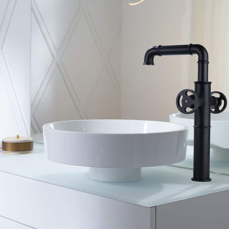 12.5"H Solid Brass Industrial Style Double Handle Bathroom Vessel Sink Faucet