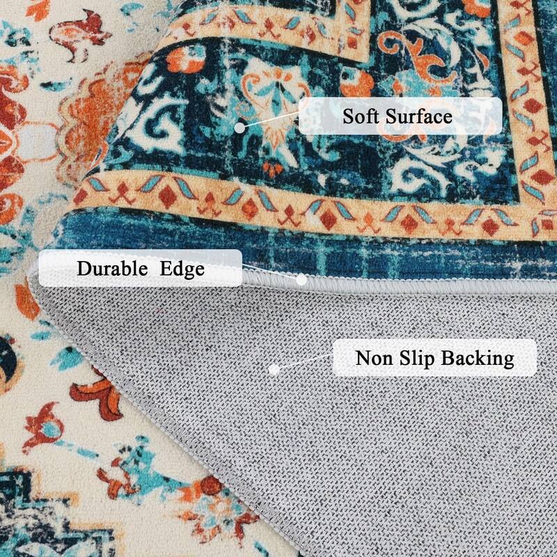 Boho Vintage Area Rug Machine Washable Low Pile Soft Floor Carpet