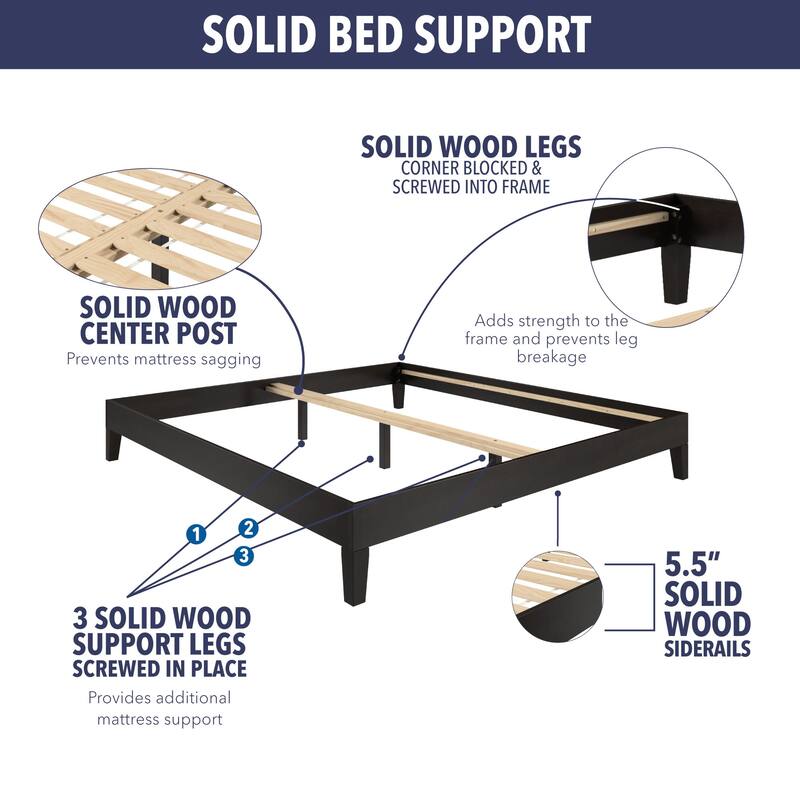 Full Size Platform Bed Frame with 28-Slat Support System, Solid Pine Construction, 6.5-Inch Under-Bed Clearance