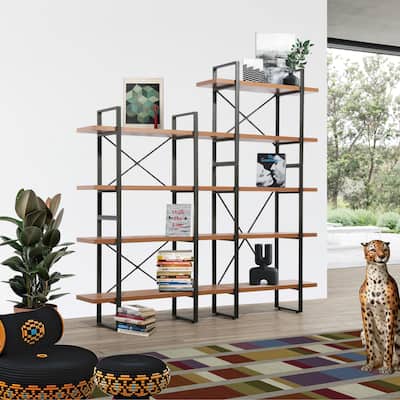 Mryna Adjustable JD Walnut Wood and Metal Step Display and Steel Etagere Bookcase - Left - 71.06'' x 70.86'' x 12.52''