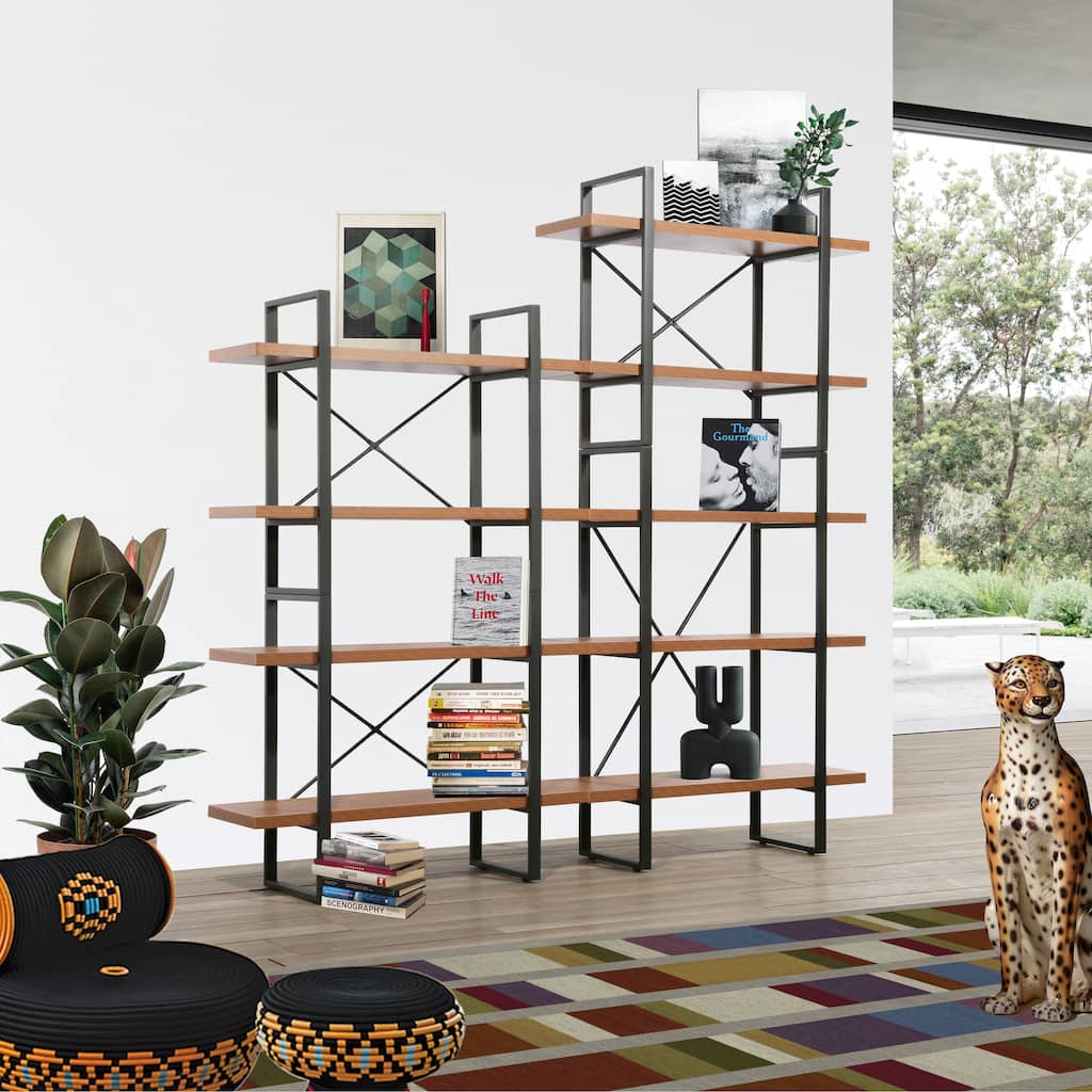 Mryna Adjustable JD Walnut Wood and Metal Step Display and Steel Etagere Bookcase - Left - 71.06'' x 70.86'' x 12.52''
