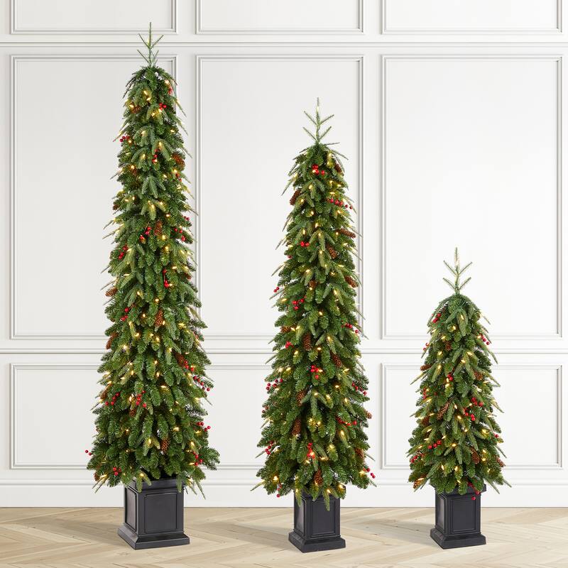 3 Piece 4ft&6ft&7ft Pre-lit Artificial Christmas Tree with Red Berries, Pinecones and LED Lights Porch Decor by Glitzhome