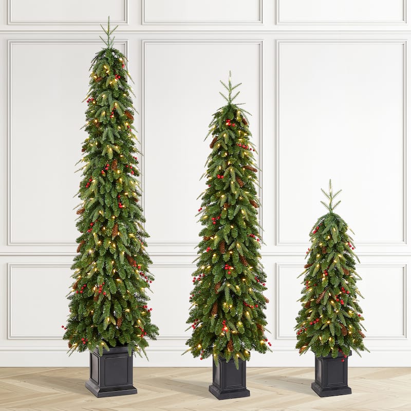 Glitzhome 4ft/6ft/7ft Pre-lit Green Artificial Christmas Porch Tree with Red Berries,Pinecones and 100 Warm White Lights - Set of 3-4ft&6ft&7ft