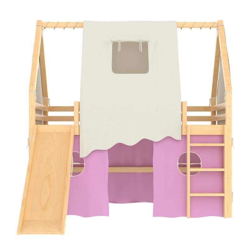 Fairytale Loft Bed Wooden House Bed with Tents, Light Strip and Slide